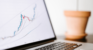 Computer showing dividend stock performance over time, with a potted plant in the background.