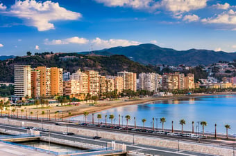 Malaga, Spain resort skyline at Malagueta Beach.-1