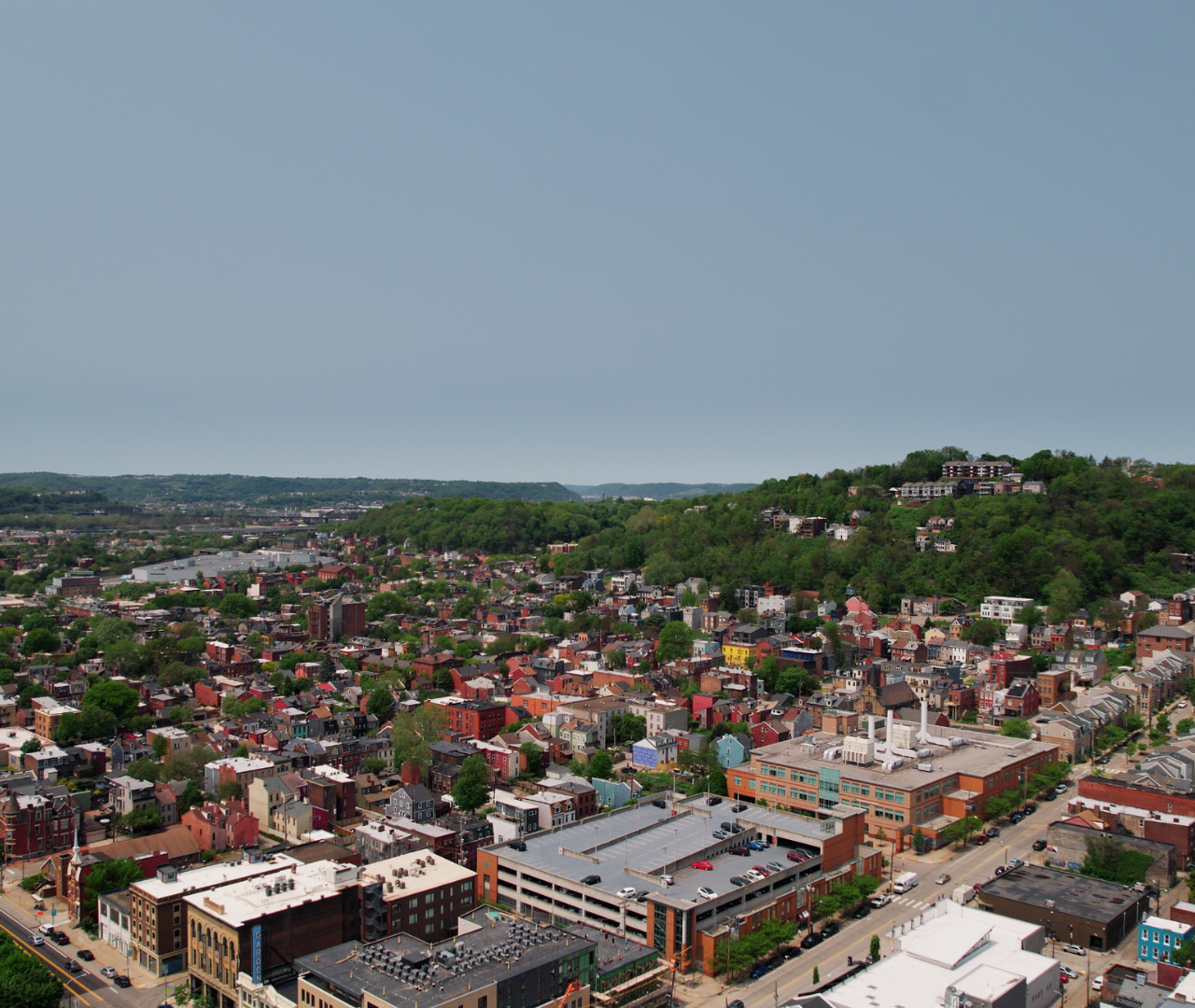 Drone footage of residential neighborhoods in Pittsburgh, PA.