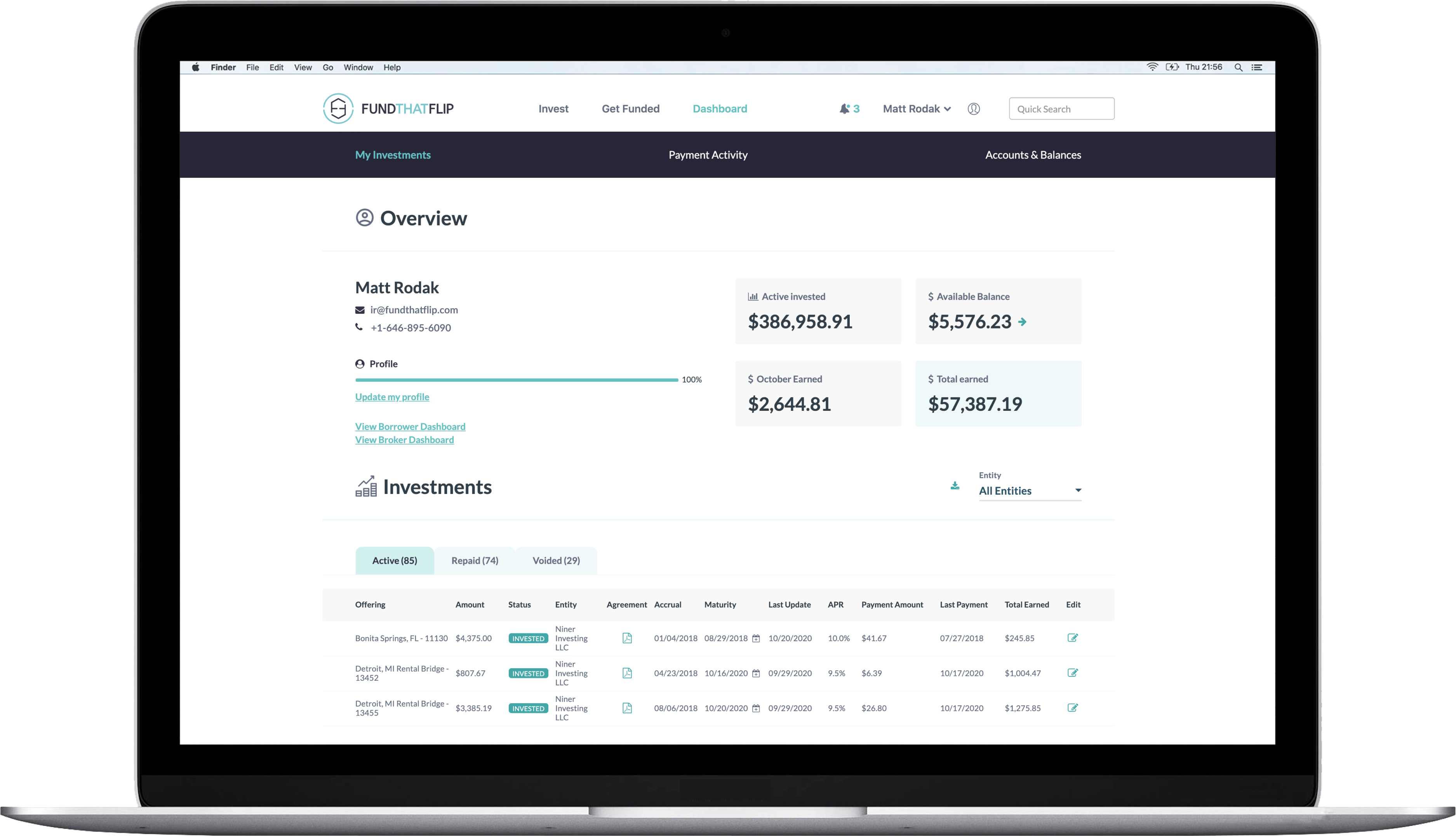 Fund That Flip's investor dashboard makes it easy to track and manage investments.